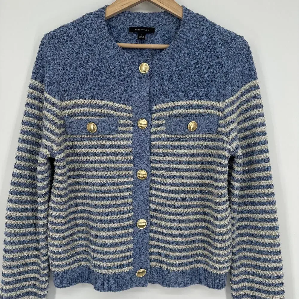 Ann Taylor Denim Striped Cardigan Gold Button Sweater Jacket Metallic Blue White - Picture 6 of 13